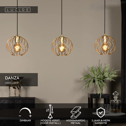 Lucide DANZA - Hanglamp - 3xE27 - Mat Goud / Messing - USP